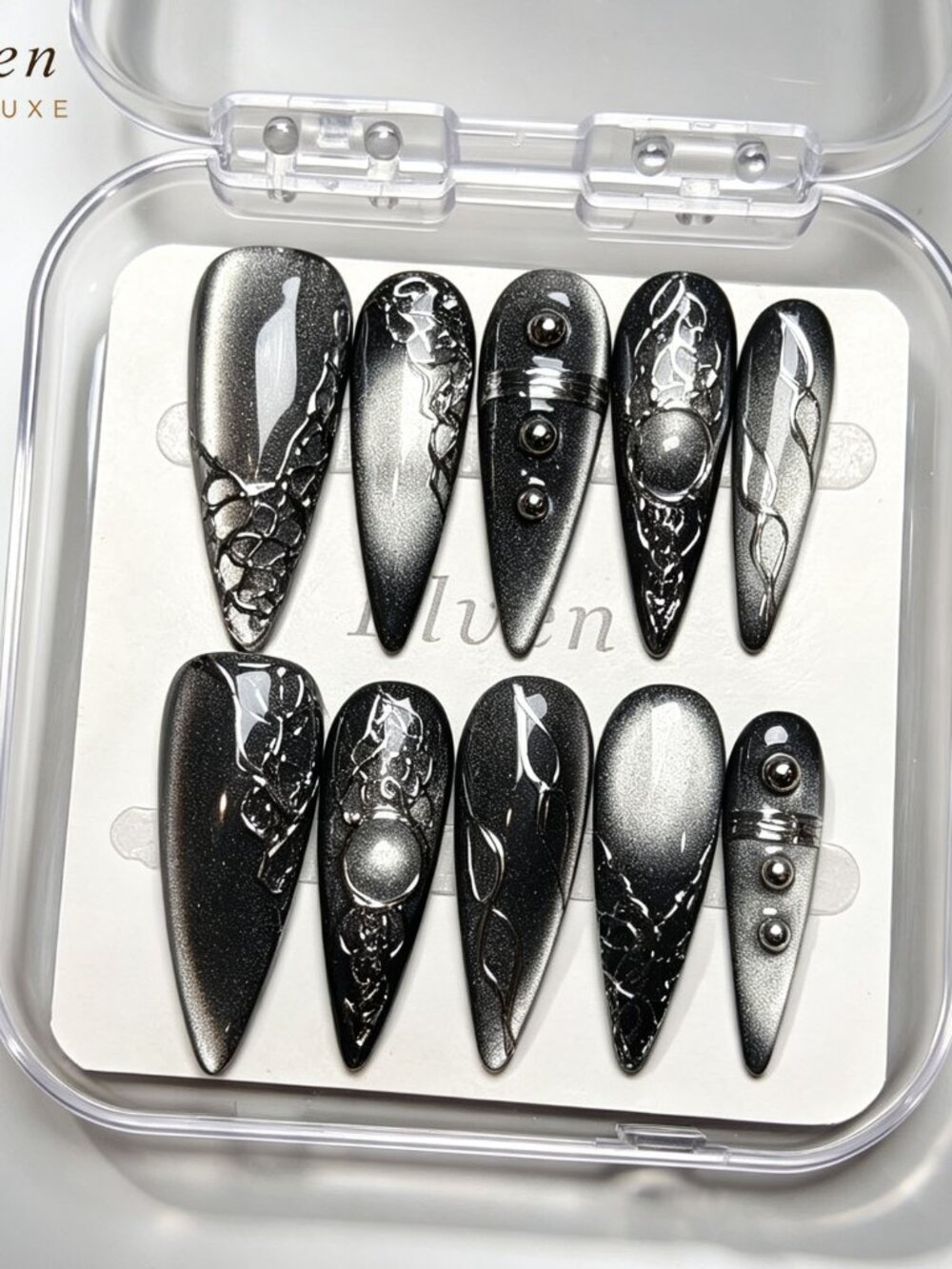 Gothic Black Silver Cat Eye Stiletto Press On Nails with Metal Chain Embossed